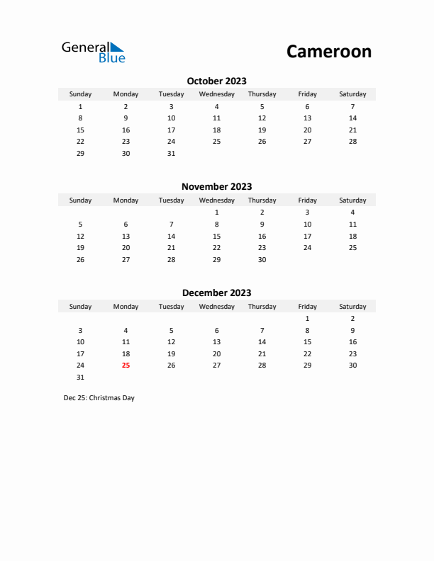 Printable Quarterly Calendar with Notes and Cameroon Holidays- Q4 of 2023