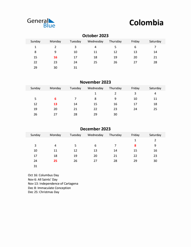 Printable Quarterly Calendar with Notes and Colombia Holidays- Q4 of 2023