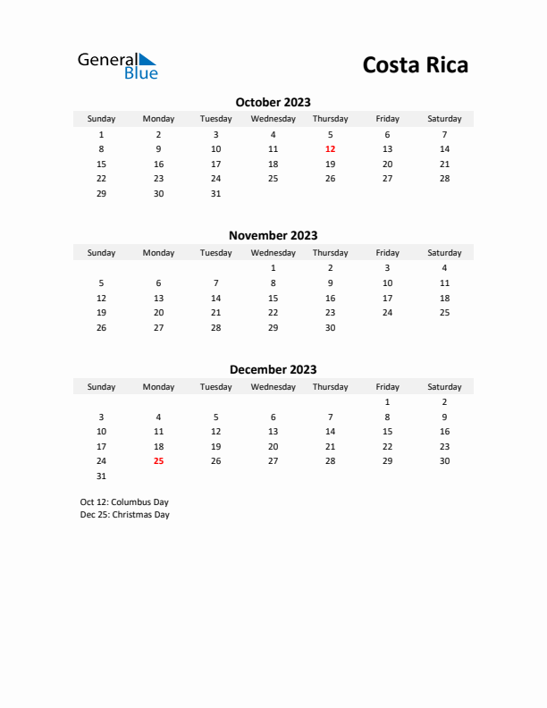 Printable Quarterly Calendar with Notes and Costa Rica Holidays- Q4 of 2023