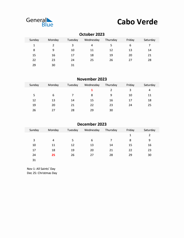 Printable Quarterly Calendar with Notes and Cabo Verde Holidays- Q4 of 2023