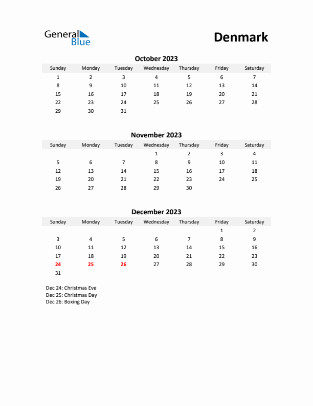 Printable Quarterly Calendar with Notes and Denmark Holidays- Q4 of 2023