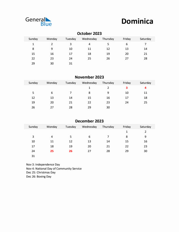 Printable Quarterly Calendar with Notes and Dominica Holidays- Q4 of 2023