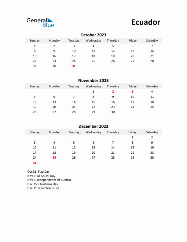 Printable Quarterly Calendar with Notes and Ecuador Holidays- Q4 of 2023