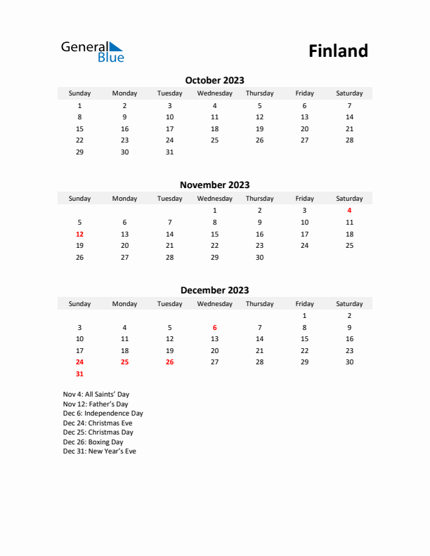 Printable Quarterly Calendar with Notes and Finland Holidays- Q4 of 2023