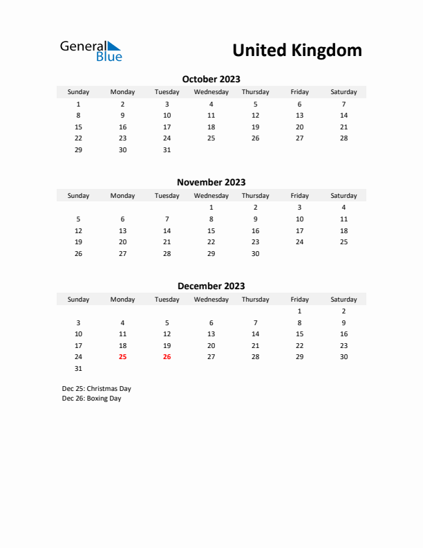 Printable Quarterly Calendar with Notes and United Kingdom Holidays- Q4 of 2023