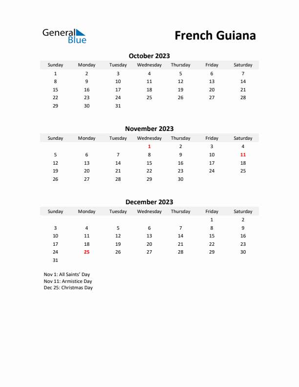 Printable Quarterly Calendar with Notes and French Guiana Holidays- Q4 of 2023