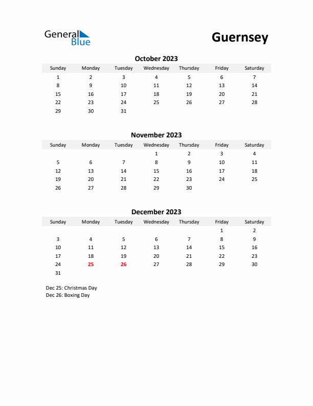 Printable Quarterly Calendar with Notes and Guernsey Holidays- Q4 of 2023