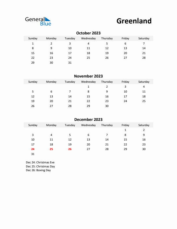 Printable Quarterly Calendar with Notes and Greenland Holidays- Q4 of 2023