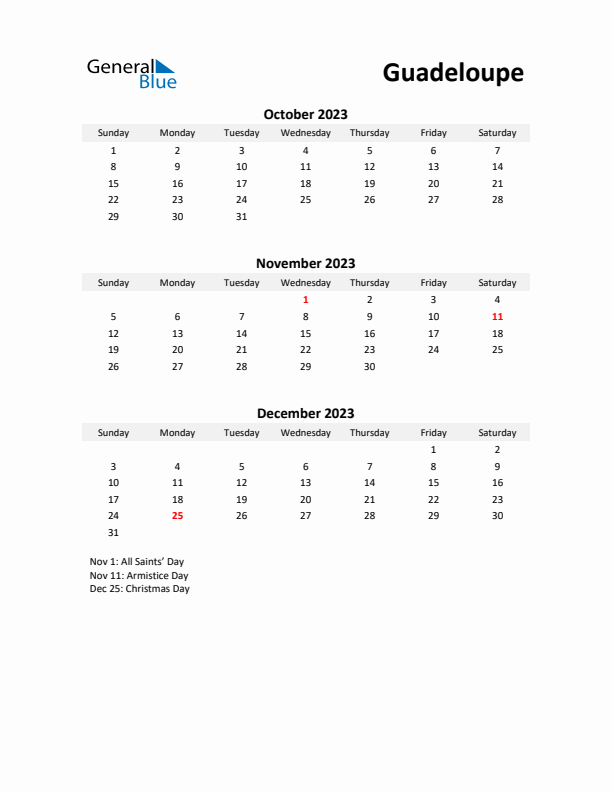 Printable Quarterly Calendar with Notes and Guadeloupe Holidays- Q4 of 2023