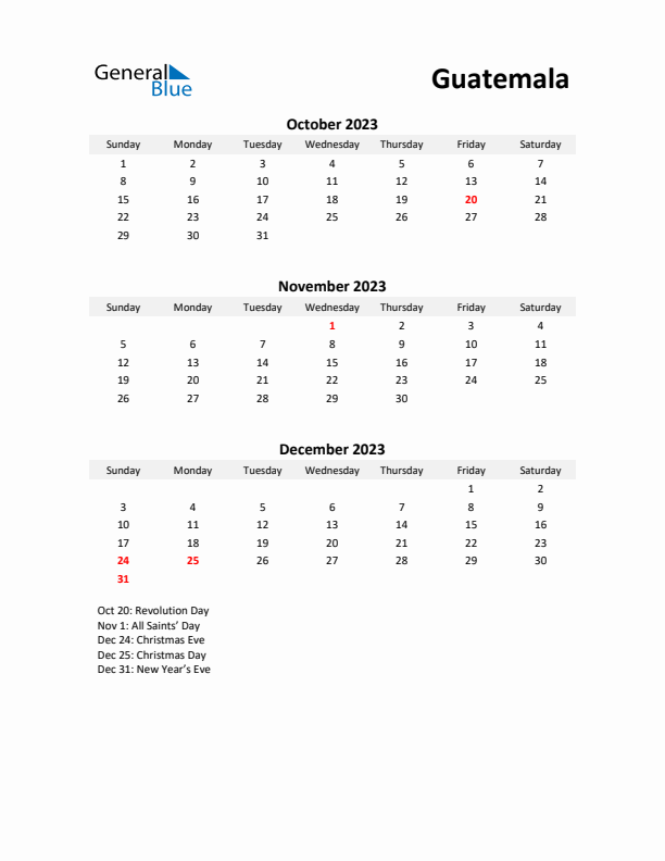 Printable Quarterly Calendar with Notes and Guatemala Holidays- Q4 of 2023