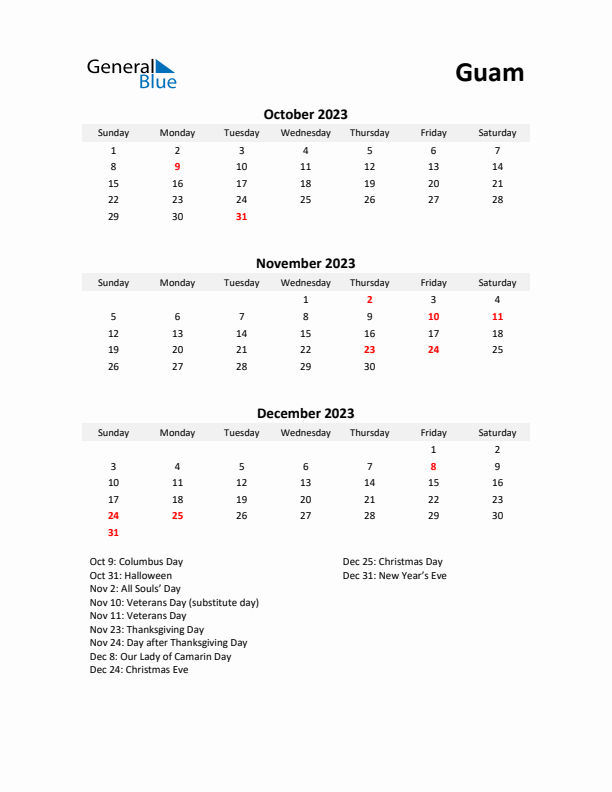 Printable Quarterly Calendar with Notes and Guam Holidays- Q4 of 2023