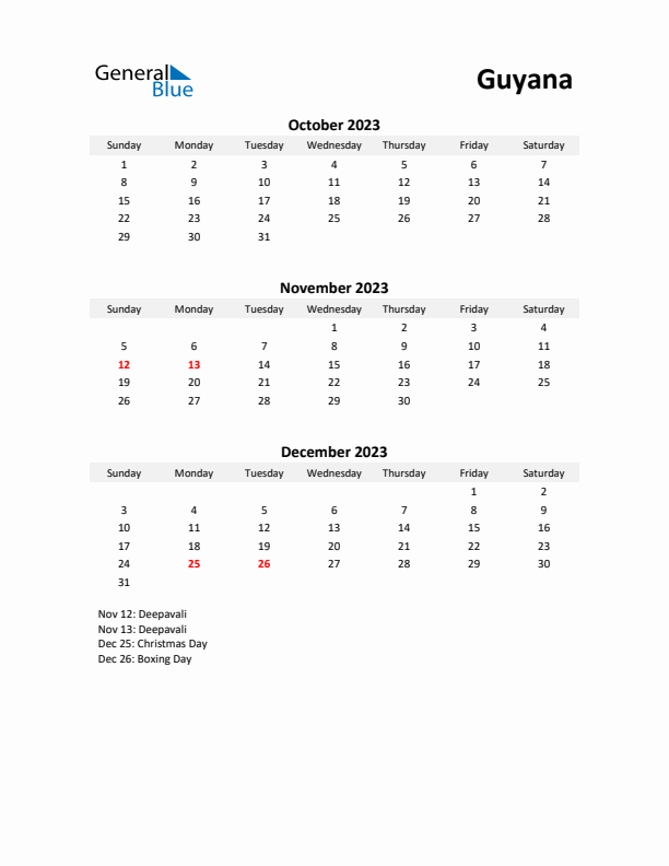 Printable Quarterly Calendar with Notes and Guyana Holidays- Q4 of 2023