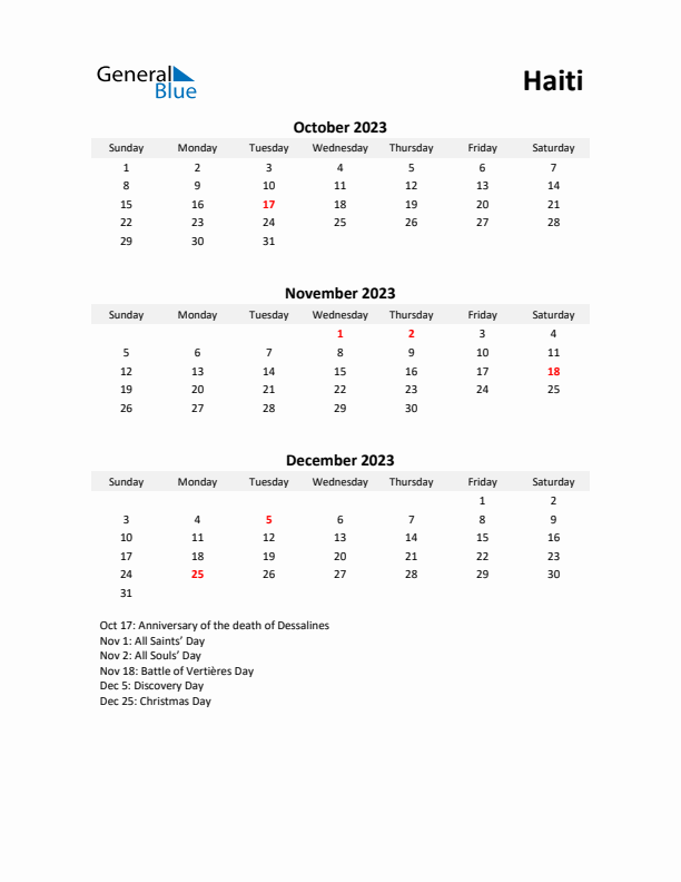 Printable Quarterly Calendar with Notes and Haiti Holidays- Q4 of 2023