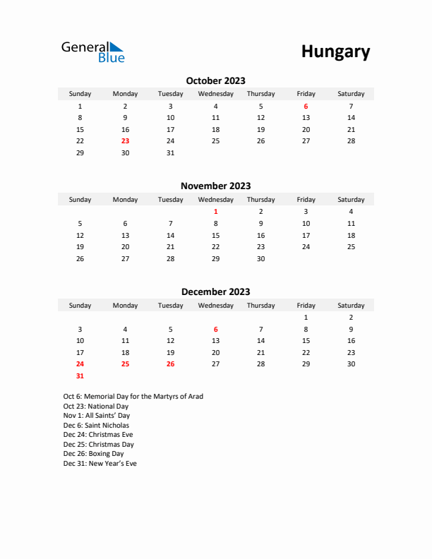 Printable Quarterly Calendar with Notes and Hungary Holidays- Q4 of 2023