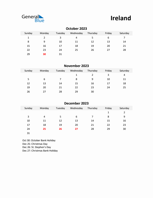 Printable Quarterly Calendar with Notes and Ireland Holidays- Q4 of 2023