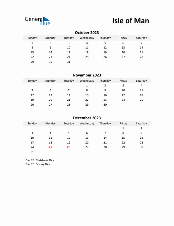 Printable Quarterly Calendar with Notes and Isle of Man Holidays- Q4 of 2023