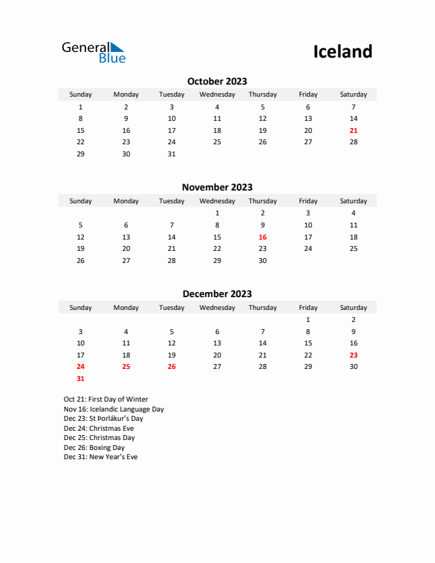 Printable Quarterly Calendar with Notes and Iceland Holidays- Q4 of 2023