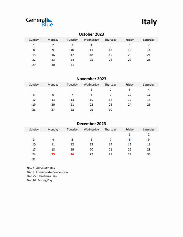 Printable Quarterly Calendar with Notes and Italy Holidays- Q4 of 2023