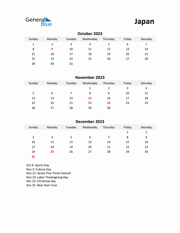 Printable Quarterly Calendar with Notes and Japan Holidays- Q4 of 2023