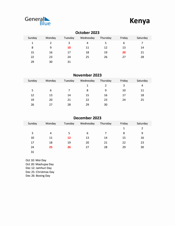 Printable Quarterly Calendar with Notes and Kenya Holidays- Q4 of 2023