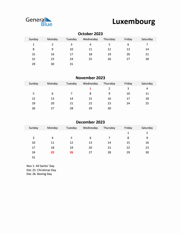 Printable Quarterly Calendar with Notes and Luxembourg Holidays- Q4 of 2023