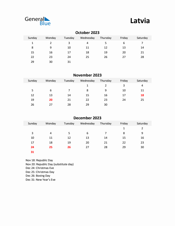 Printable Quarterly Calendar with Notes and Latvia Holidays- Q4 of 2023