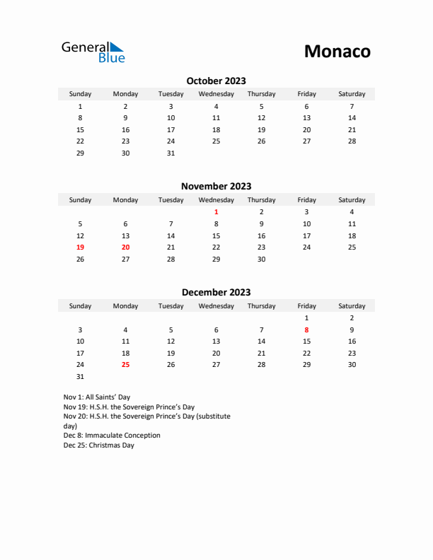 Printable Quarterly Calendar with Notes and Monaco Holidays- Q4 of 2023