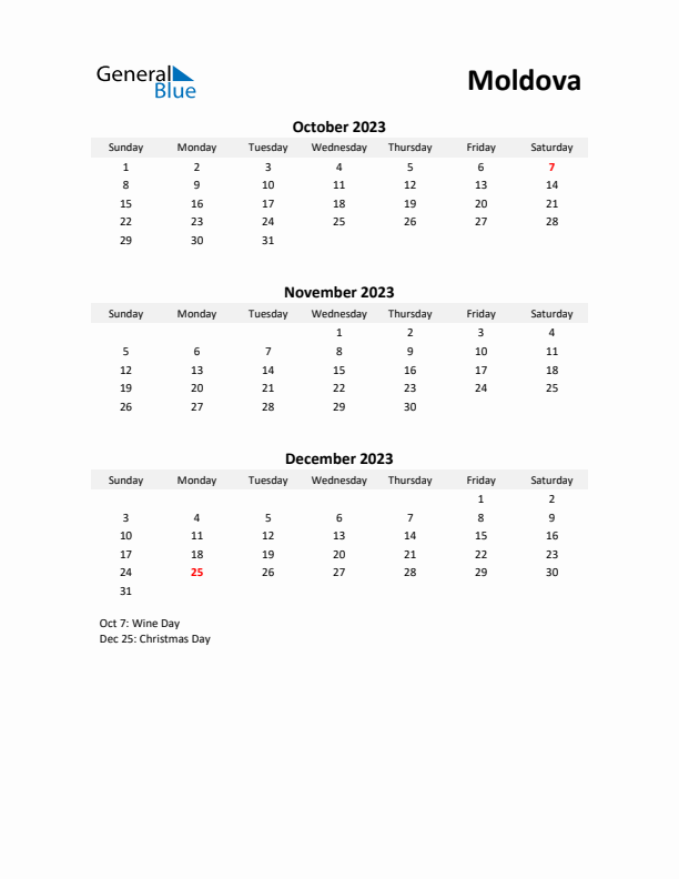 Printable Quarterly Calendar with Notes and Moldova Holidays- Q4 of 2023