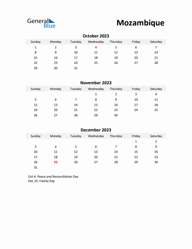 Printable Quarterly Calendar with Notes and Mozambique Holidays- Q4 of 2023