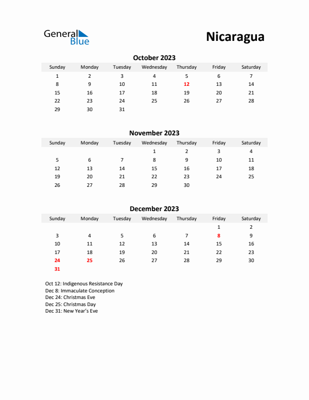 Printable Quarterly Calendar with Notes and Nicaragua Holidays- Q4 of 2023