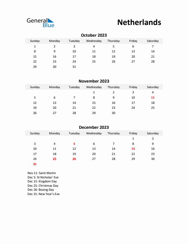 Printable Quarterly Calendar with Notes and The Netherlands Holidays- Q4 of 2023