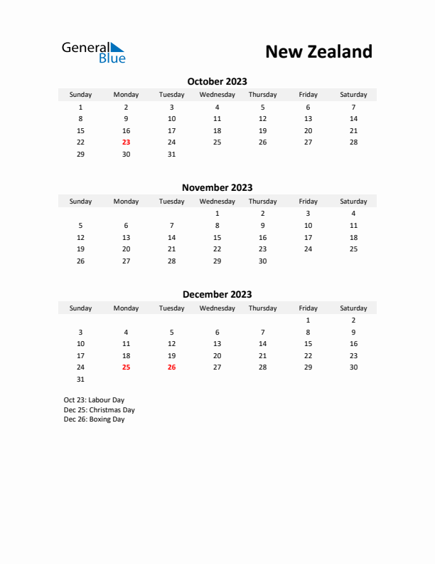 Printable Quarterly Calendar with Notes and New Zealand Holidays- Q4 of 2023