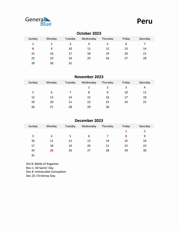 Printable Quarterly Calendar with Notes and Peru Holidays- Q4 of 2023