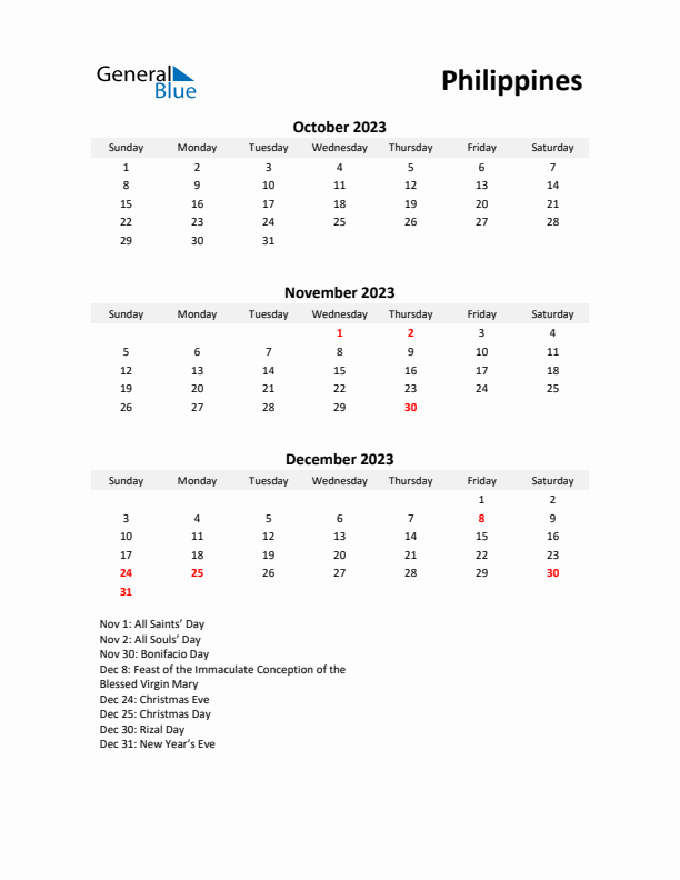 Printable Quarterly Calendar with Notes and Philippines Holidays- Q4 of 2023