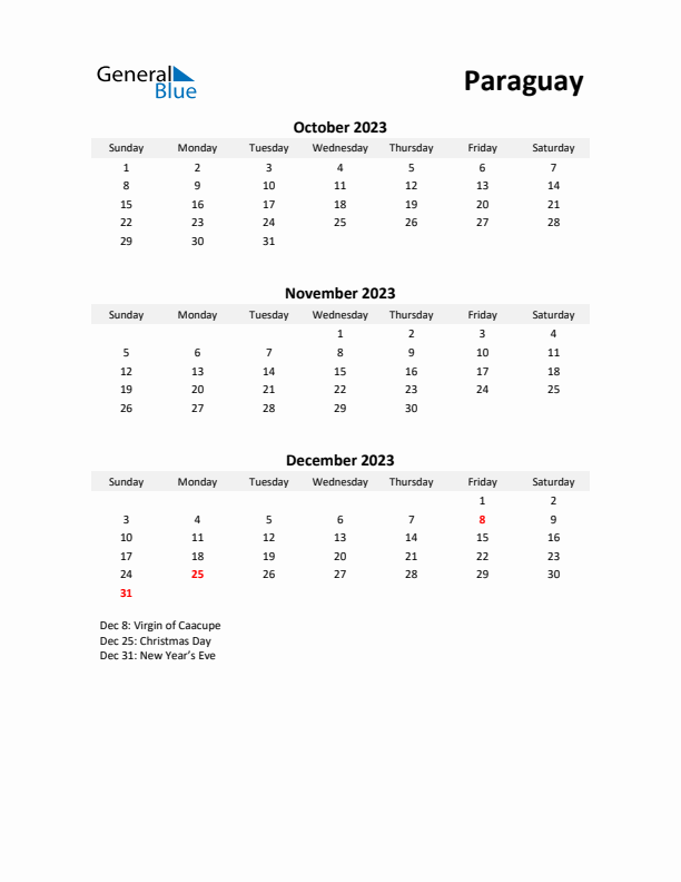 Printable Quarterly Calendar with Notes and Paraguay Holidays- Q4 of 2023