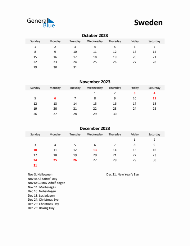 Printable Quarterly Calendar with Notes and Sweden Holidays- Q4 of 2023