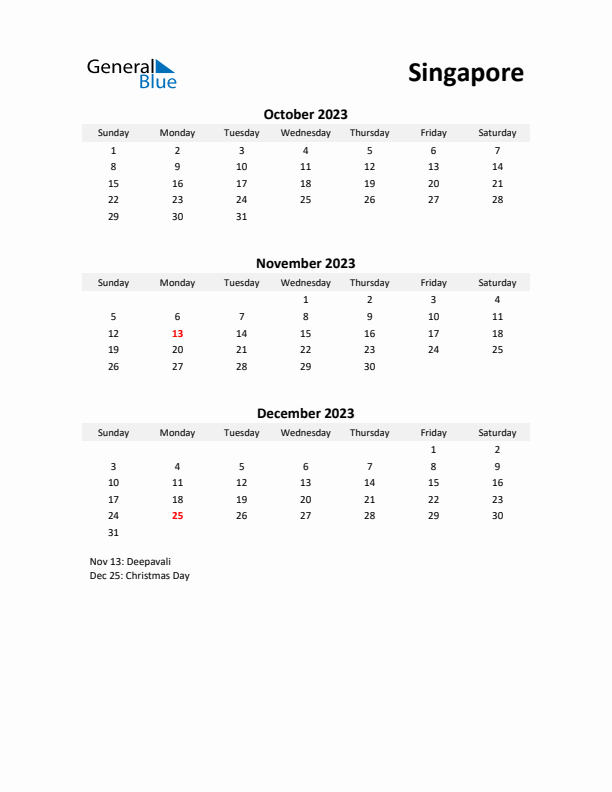 Printable Quarterly Calendar with Notes and Singapore Holidays- Q4 of 2023