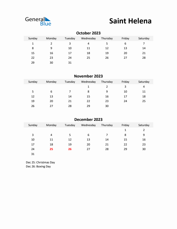 Printable Quarterly Calendar with Notes and Saint Helena Holidays- Q4 of 2023