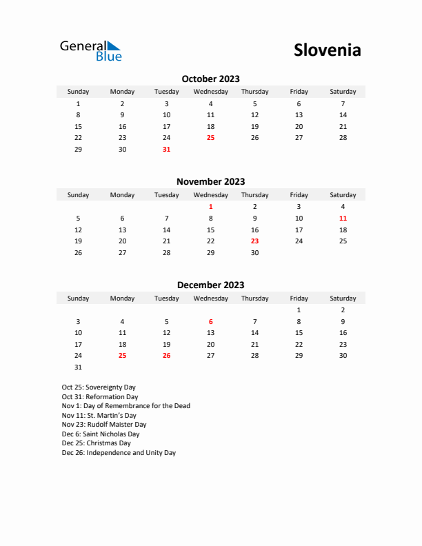 Printable Quarterly Calendar with Notes and Slovenia Holidays- Q4 of 2023