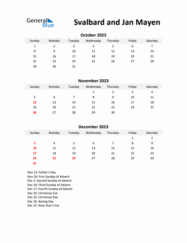 Printable Quarterly Calendar with Notes and Svalbard and Jan Mayen Holidays- Q4 of 2023