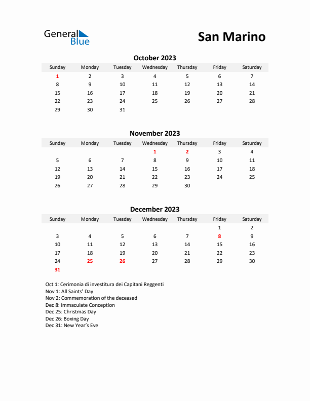 Printable Quarterly Calendar with Notes and San Marino Holidays- Q4 of 2023