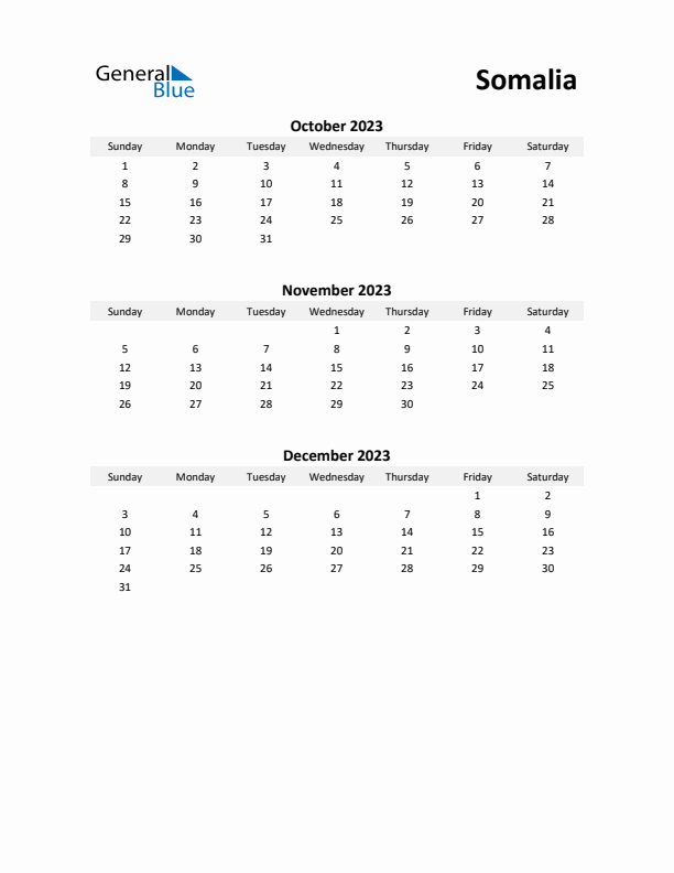 Printable Quarterly Calendar with Notes and Somalia Holidays- Q4 of 2023