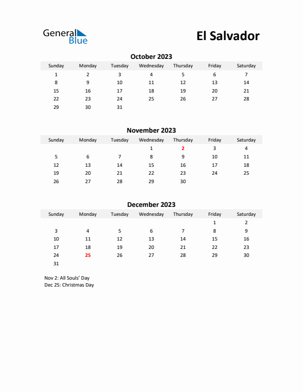 Printable Quarterly Calendar with Notes and El Salvador Holidays- Q4 of 2023