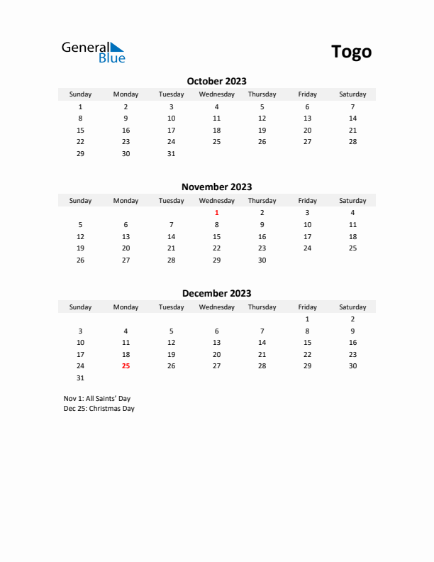 Printable Quarterly Calendar with Notes and Togo Holidays- Q4 of 2023