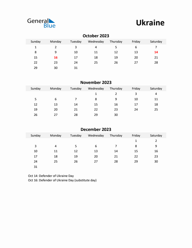 Printable Quarterly Calendar with Notes and Ukraine Holidays- Q4 of 2023