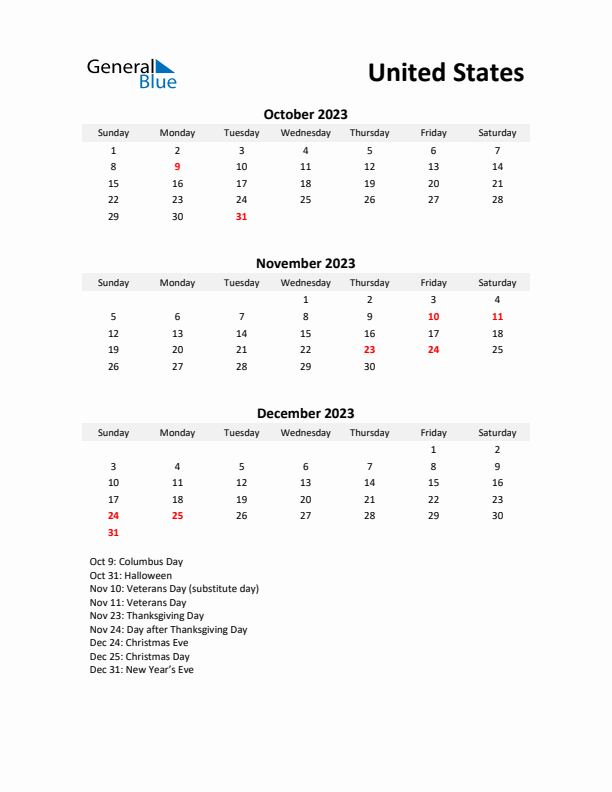 Printable Quarterly Calendar with Notes and United States Holidays- Q4 of 2023