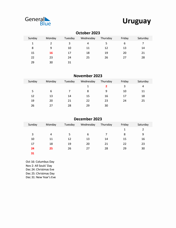 Printable Quarterly Calendar with Notes and Uruguay Holidays- Q4 of 2023