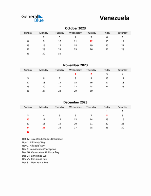 Printable Quarterly Calendar with Notes and Venezuela Holidays- Q4 of 2023