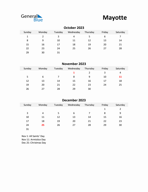 Printable Quarterly Calendar with Notes and Mayotte Holidays- Q4 of 2023