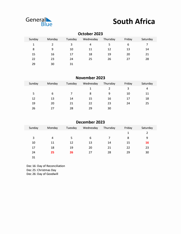 Printable Quarterly Calendar with Notes and South Africa Holidays- Q4 of 2023